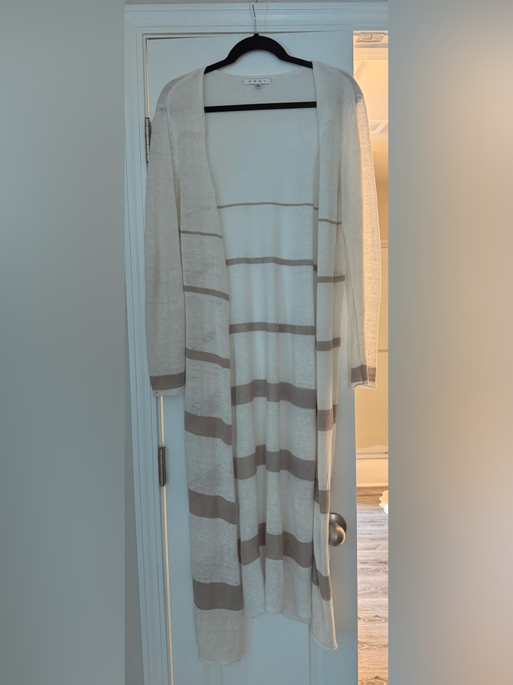 CAbi Long Open-Front Striped Cardigan in Cream and Taupe